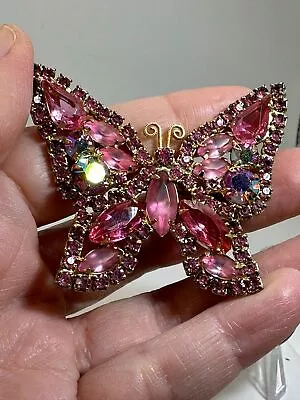 Butterfly Pink & Aurora Rhinestones & Navette WEISS Vintage Gold Brooch M-4343* • $149.99