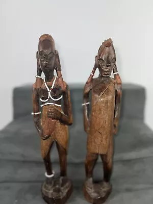 African Pair Hand Carved Wooden Wood Tribal Art Vintage Figures Sculpture • £24.99