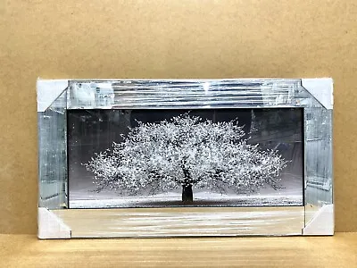 Silver Blossom Tree Picture White 3D Liquid Art Mirror Frame Glitter 85x45 Cm • £89.99