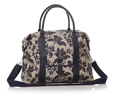 Large Oilcloth Travel Weekend Cabin Bag Tiger Lily Floral Stone Navy Pocket Zip • £36.99