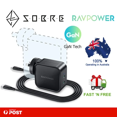 $99.95 • Buy RAVPower 90W/87W/65W/60W/45W 2 USB C PD 3.0 Ports GaN Wall Charger Power Adapter