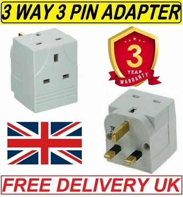 £3.49 • Buy 3 Way 3 Pin Adaptor Converter 13 Amp Double Socket Household Multi Plug Uk