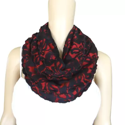 Black And Red Infinity Scarf. Stretch Lace Circle Scarf. Ruffle Edge Scarf. • £10.25