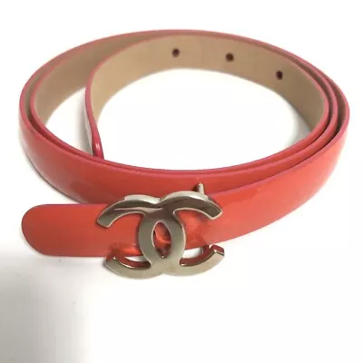 CHANEL 12P CC CC Mark Thin Belt Belt Patent Leather Orange Red Based • £353.39