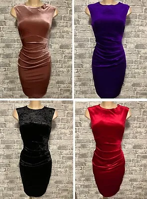 Beautiful Velvet Velour Ruch Feature Bodycon Figure Hugging Dress Size 8-18 • £9.98