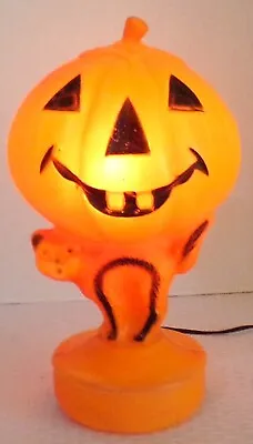 Vintage 14  Plastic Blow Mold Pumpkin With Striped Cat Light With Plug - WORKS • $24.38