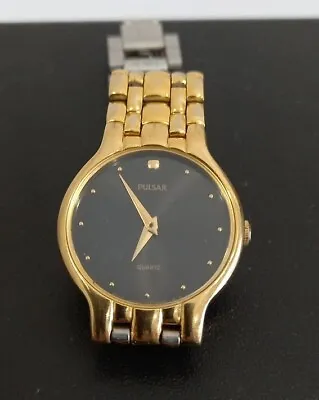 Vintage PULSAR/SEIKO  V810 0420 Gold Tone BLACK DIAL SS Ladies Watch 1D0065 • $0.01