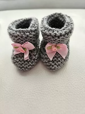 Hand Knitted Newborn Grey  Booties New With Flower Ribbon  • £2.50