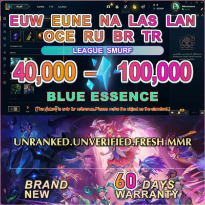 $21.99 • Buy EUNE NA LAN LAS✨League Of Legends  ✨ LOL 40K➥100K BE CAPS SMURF UNRANKED