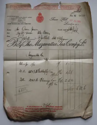 1929  Mazawattee Tea Company  Tower Hill   Invoice For Butterfly / Flamingo Tins • $12.32