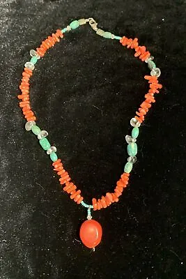 Vintage American Turquoise And Coral Pendant Chunky Necklace 925 Clasp 18” • $24.99