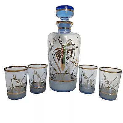 Vintage Blue Glass Decanter Gilt Fish & Reeds Sugar Frosted 4 X Glasses  • $85