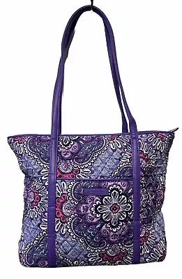 Vera Bradley Trimmed Vera Tote Shoulder Bag Purple Floral Lilac Tapestry Shopper • $40.50