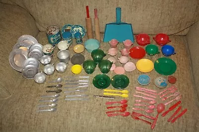 Vintage 87 Pcs. Children's Toy Dishes Pans And Kitchen Utensils Aluminum/Plastic • $22