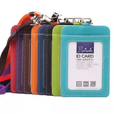 ID Badge Card Holder Pu Leather Vertical Clip Neck Strap Lanyard Necklace Case • $5.25