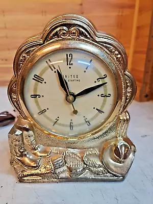 Vintage United Brand Cast Brass Cowboy Motif Electric Clock[; Works • $34.99