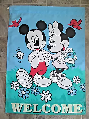 Vintage Disney WELCOME Flag Mickey Minnie Mouse Banner Blue Green Spring Flowers • $11.99