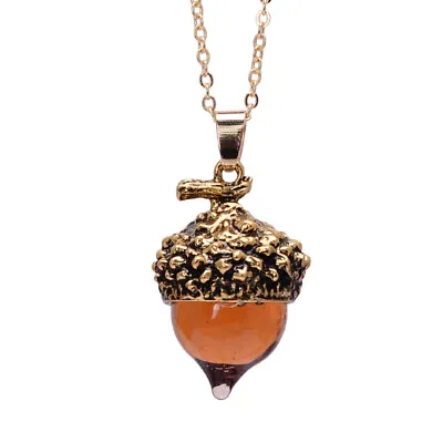 $9.49 • Buy Glaze Glass Acorn Necklace Pendant Antique Gold With Long Chain - Ships Fast! 