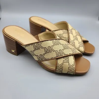 Michael Kors Women Sandals Heel Slides MK LOGO Fabric Sz 7.5 New • $46