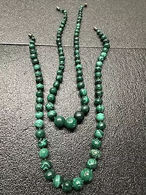 MALACHITE Vintage Beaded Necklace Green Black Natural Stone Beads Lot Of 2 19” • $29