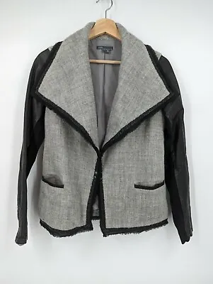 Vince 4 Drape Front In Gray Black Leather-Sleeve Wool-Blend Boucle Jacket  • $39.99