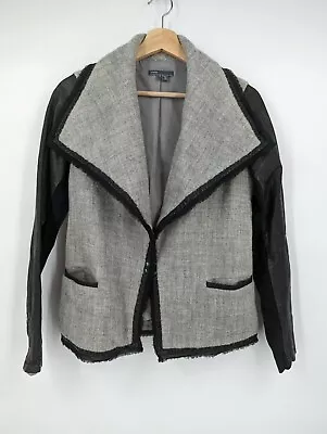 Vince 4 Drape Front In Gray Black Leather-Sleeve Wool-Blend Boucle Jacket $695 • $31.99