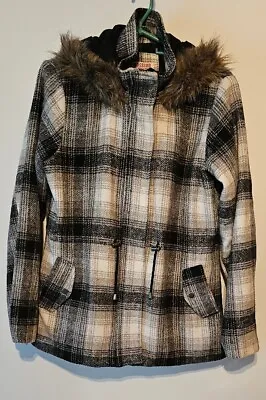Mossimo Supply Co Plaid Wool Blend Jacket Coat Faux Fur Hood Womens Size L Large • $20.95