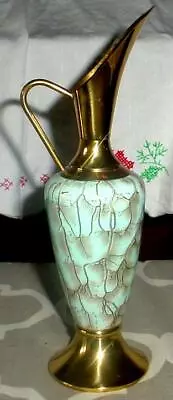 VTG Mid Century Modern Israel Pottery/Gold Brass Vase Pitcher 9.5” Tall Bud Vase • $7.99