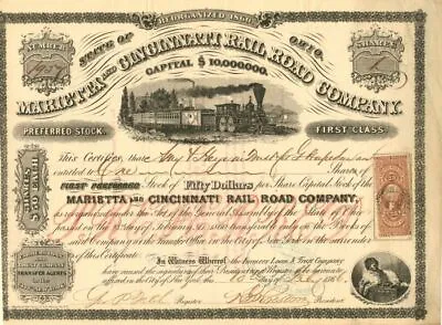Marietta And Cincinnati Rail Road Co. - Stock Certificate - Railroad Stocks • $95