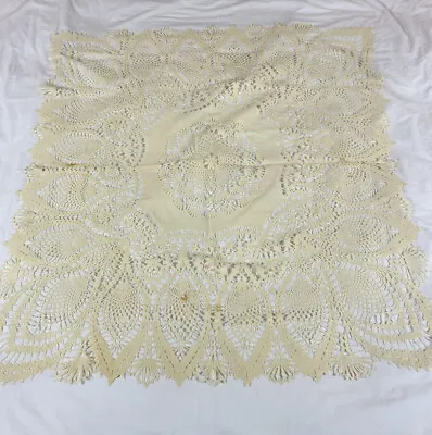 Small Vintage Ivory Lace Vinyl Tablecloth With Peacock Feather Pattern 34x34  • $12