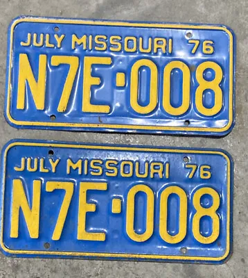 Vintage Pair 1976 Missouri License Plate N7E-008 July 76 Mo • $20