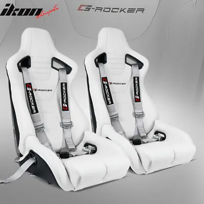 Universal Recline Bucket Racing Seat White PU & Dual Slider Buckle Belt Gray X2 • $550.99