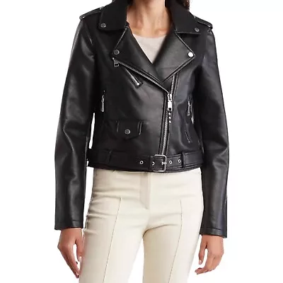 REBECCA MINKOFF Faux Leather Moto Jacket Black Size M Women's Biker Jacket NWT • $74.40