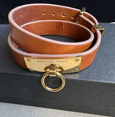 Michael Kors Wrap Bracelet Logo Plate Gold Tone MK Leather Cognac Brown • $18.95