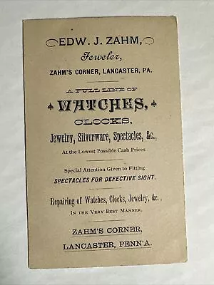 VICTORIAN JEWELERS TRADE CARD Edw Zahm Lancaster PA Watches Silverware 1886 B20 • $17.25