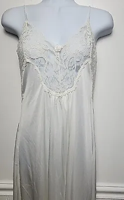 Vtg Val Mode Long Slip Dress Lingerie Sheer Shiny Nightgown Nylon Lace White M • $15