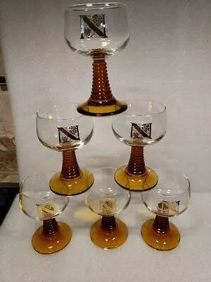 6~Vintage~ Roemer~ Wine Goblets~ Amber~Beehive Ribbed Glass Stem~N Monogram(DR3) • $30.99