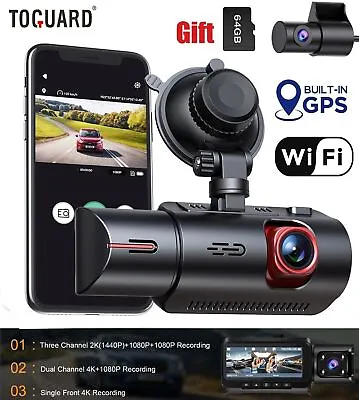 $199.99 • Buy TOGUARD 3CH 4K Dash Cam Front Inside Rear WIFI GPS Car Camera Night Vision 64GB