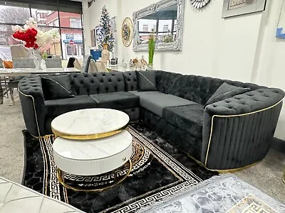 Black And Gold Velvet Corner Sofa Chesterfield  • £1350