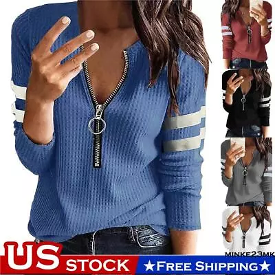 Women Casual Zipper V Neck Pullover T Shirt Blouse Long Sleeve Loose Jumper Tops • $20.09