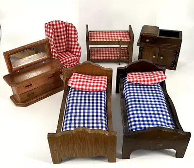 Vtg Miniature Dollhouse Furniture Bedroom Lot Gingham Chair Dressers Bunk Bed • $15