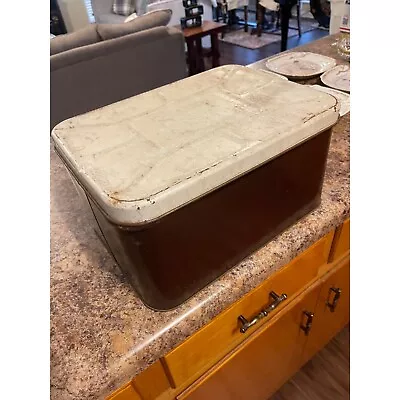 Primitive Bread Box Tin Patina Brown And White • $48