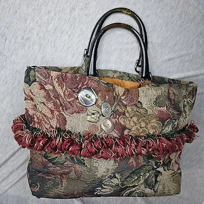 Vintage Handmade Tapestry Bag Fringe Wood Handles Boho Carpet Bag Della Lindsey • $29.99