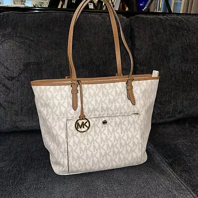 MICHAEL KORS Jet Set Travel MK Signature Tote Bag White Purse Leather Canvas • $34