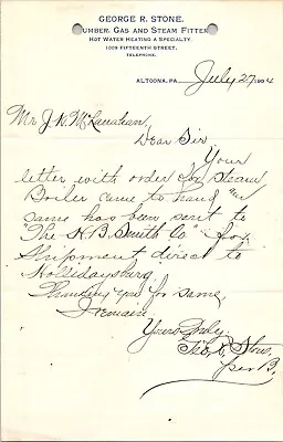 George R Stone Altoona PA 1904 Letterhead Plumber Gas & Steam Fitter • $10.19