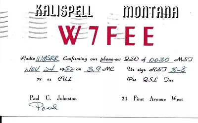 QSL  1952 Kalispell Montana    Radio Card • $5.52