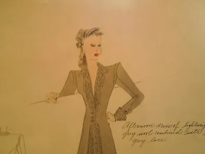 Signed Fashion Sketch Drawing Illustration 1940s Ann Goshé Tamara Venmar Vintage • $125
