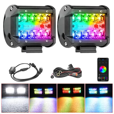 2x 4  Inch LED Work Light RGB Halo Ring Chasing Multi-Color Cube Pods Wiring Kit • $46.45