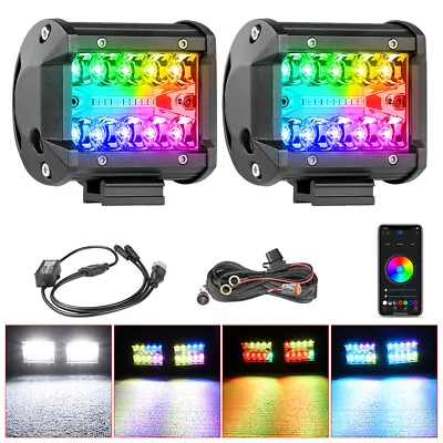Pair 4  LED Pods RGB Halo Color Change Chasing Strobe Bluetooth Driving + Wiring • $66.89