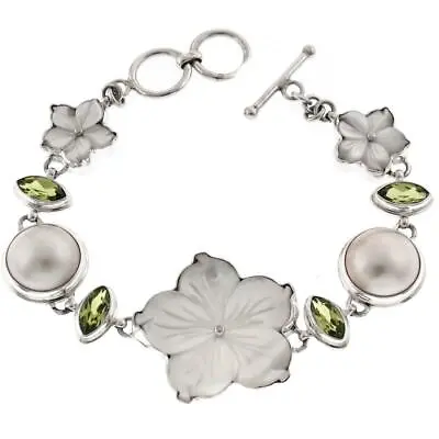 925 Silver Adorable Mother Of Pearl Flower Peridot Mabe Pearl Sterling Bracelet • $132.95